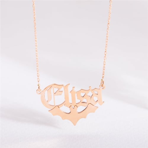 Goldstore-Bat Name Necklace 14K 18K Solid Gold, Custom Name Necklace For Halloween, Personalized Name Necklace With Bat, Gothic Style Name Necklace