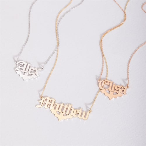 Goldstore-Bat Name Necklace 14K 18K Solid Gold, Custom Name Necklace For Halloween, Personalized Name Necklace With Bat, Gothic Style Name Necklace