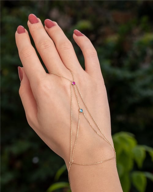 Goldstore-Hand Bracelet 14K 18K Solid Gold, Cz Birthstone Hand Chain Bracelet, Personalized Birthstone Gold Ring Bracelet is a Great Gif For Her