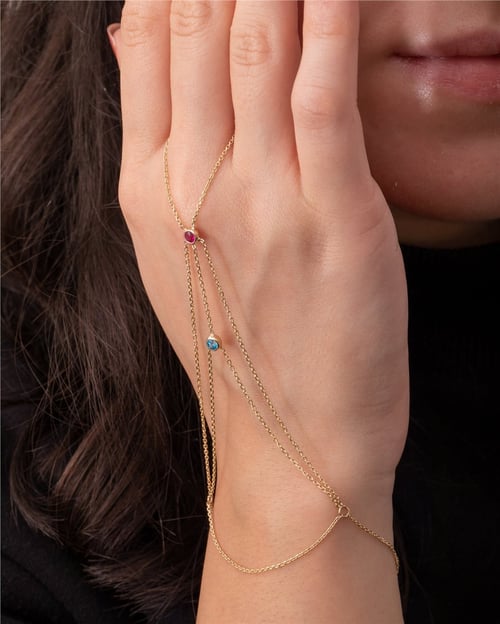Goldstore-Hand Bracelet 14K 18K Solid Gold, Cz Birthstone Hand Chain Bracelet, Personalized Birthstone Gold Ring Bracelet is a Great Gif For Her