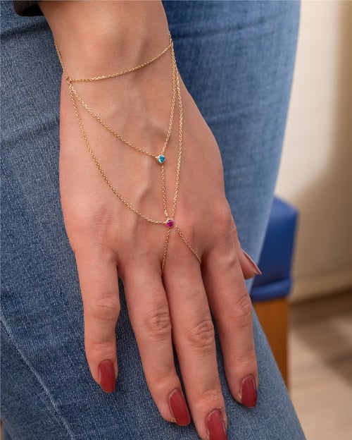 Goldstore-Hand Bracelet 14K 18K Solid Gold, Cz Birthstone Hand Chain Bracelet, Personalized Birthstone Gold Ring Bracelet is a Great Gif For Her