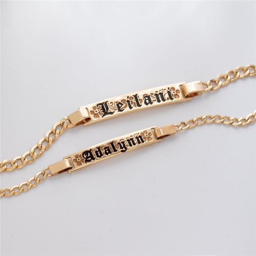 Goldstore-Personalize Hawaiian Heirloom Baby Girl Boy Gold Bracelet, 14K Yellow Gold Engrave Custom Name Date Hawaii Cuban Link Chain Baby ID Bracelet