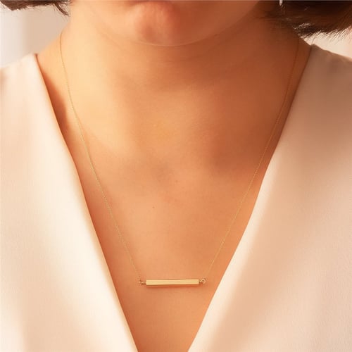 Goldstore-Personalized Horizontal Bar 14K Solid Gold Necklace, Four Sided Name Necklace, Solid Gold 3D Horizontal Bar Necklace, Engrave coordinate.