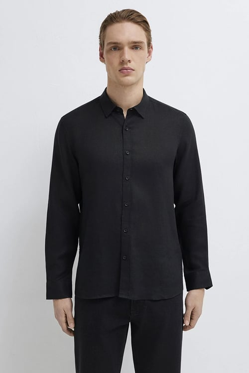 % 100 Keten Regular Fit Klasik Yaka Uzun Kollu Erkek Gömlek 0211909-900 SİYAH