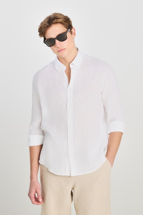 % 100 Keten Regular Fit Klasik Yaka Uzun Kollu Erkek Gömlek L2510549 100 BEYAZ