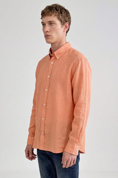 % 100 Keten Regular Fit Klasik Yaka Uzun Kollu Erkek Gömlek L2510549 700 ORANGE