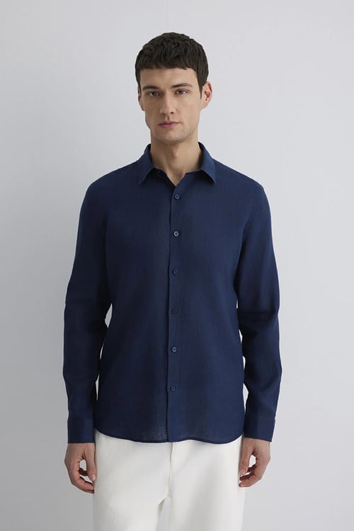 % 100 Keten Slim Fit Klasik Yaka Uzun Kollu Erkek Gömlek 0211466-70497 LACİVERT