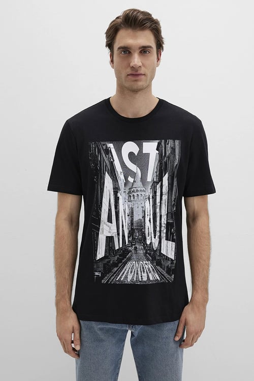 % 100 Pamuk Baskılı Bisiklet Yaka Erkek T Shirt 067053-900 SİYAH