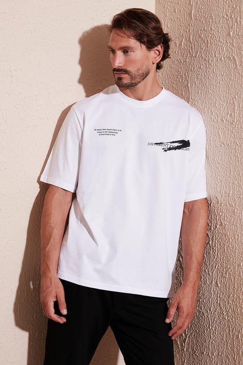 % 100 Pamuk Baskılı Oversize Bisiklet Yaka Erkek T Shirt 5902651 BEYAZ