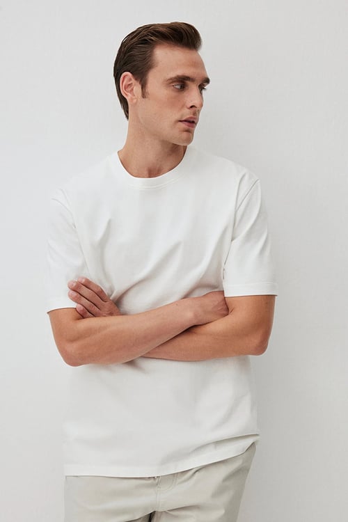 % 100 Pamuk Bisiklet Yaka Basic Erkek T Shirt 0612269-70057 EKRU