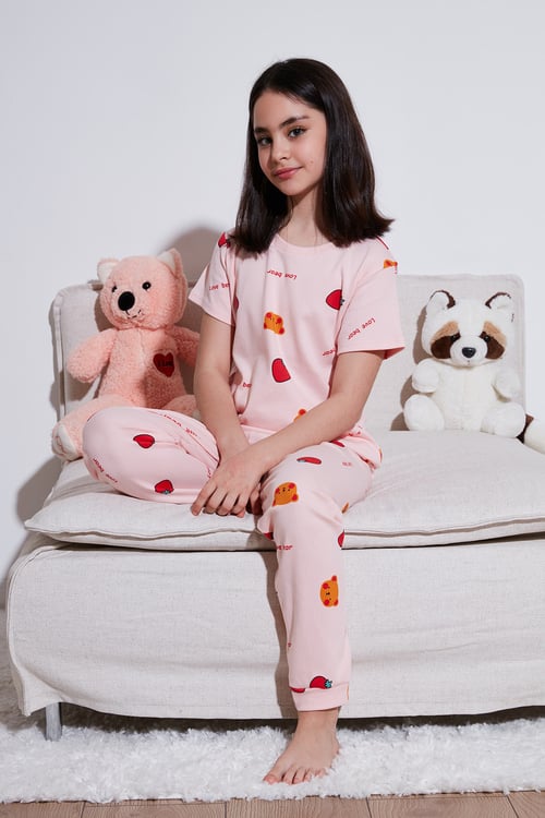 % 100 Pamuk Bisiklet Yaka Kısa Kollu Kız Çocuk Pijama Takımı 6651002 PEMBE