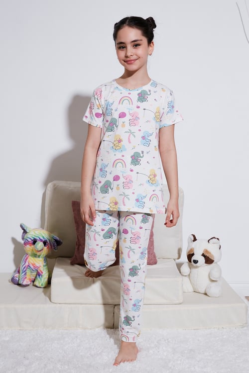 % 100 Pamuk Bisiklet Yaka Kısa Kollu Kız Çocuk Pijama Takımı 6651004 EKRU