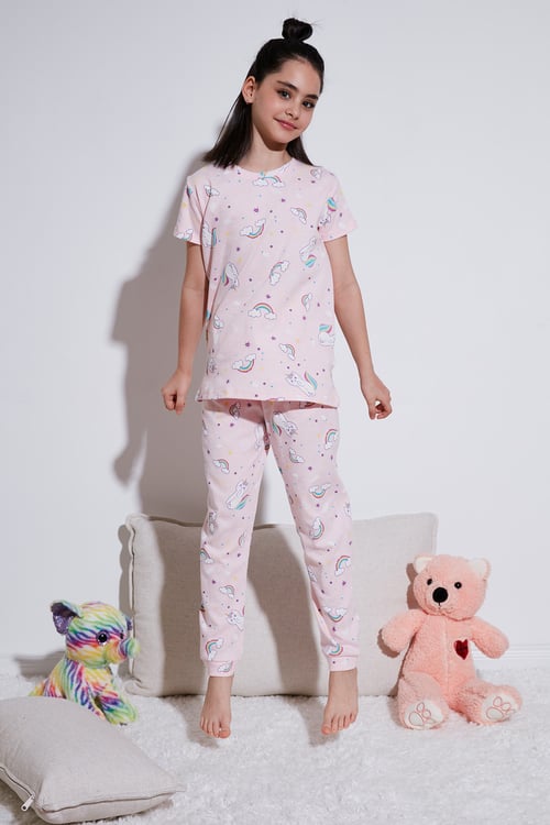 % 100 Pamuk Bisiklet Yaka Kısa Kollu Kız Çocuk Pijama Takımı 6651002 PEMBE-BEYAZ