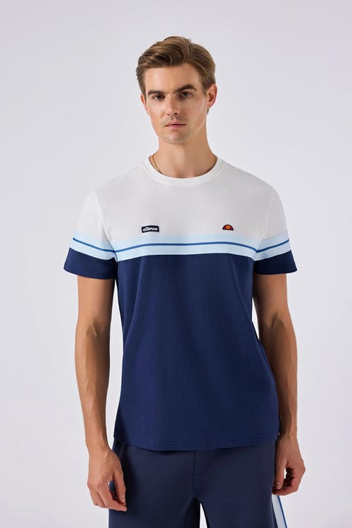 % 100 Pamuk Bisiklet Yaka Logolu Renk Bloklu Erkek T Shirt 6SM5014-NV LACİVERT