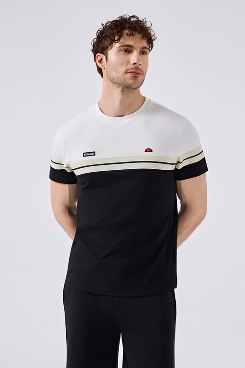 % 100 Pamuk Bisiklet Yaka Logolu Renk Bloklu Erkek T Shirt 6SM5014-BK SİYAH