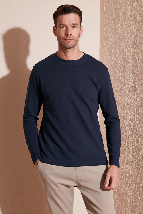 % 100 Pamuk Bisiklet Yaka Regular Fit Erkek Sweat 5905406 LACİVERT
