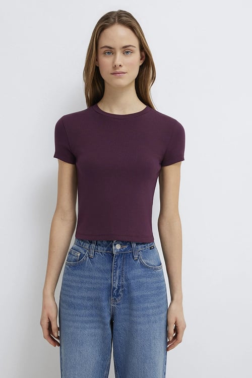 % 100 Pamuk Crop Fit Bisiklet Yaka Kadın T Shirt 1600814-70434 BORDO