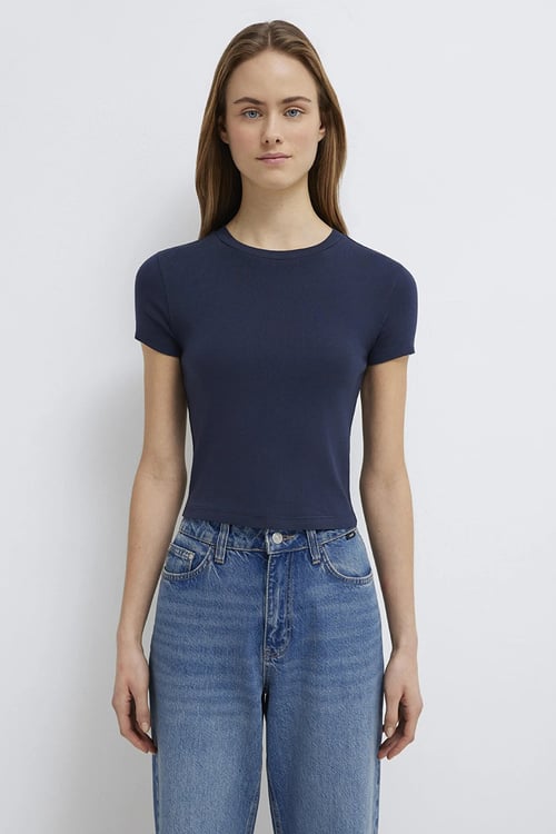 % 100 Pamuk Crop Fit Bisiklet Yaka Kadın T Shirt 1600814-85315 KOYU LACIVERT