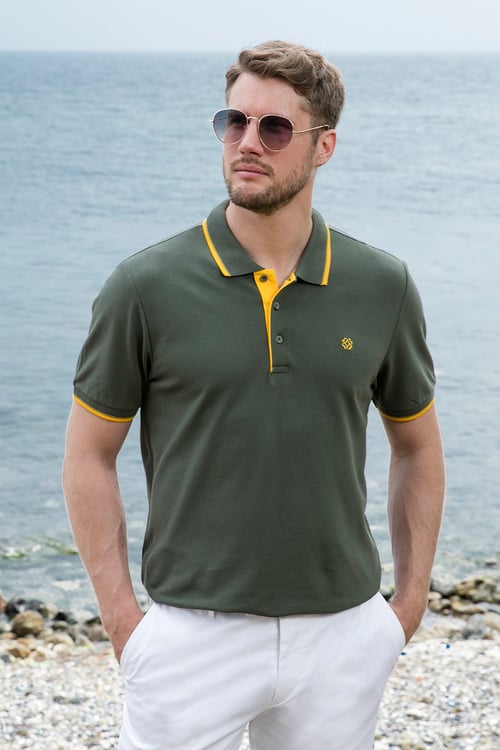 % 100 Pamuk Düğmeli Regular Fit Erkek Polo Yaka T Shirt 5902118 HAKİ-SARI