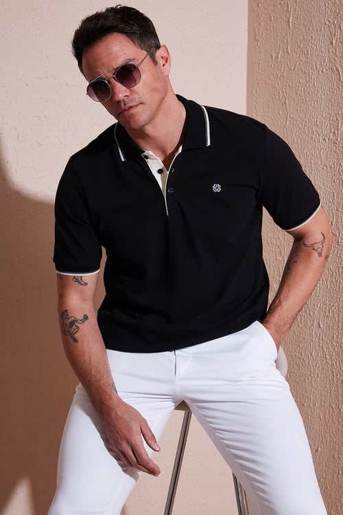 % 100 Pamuk Düğmeli Regular Fit Erkek Polo Yaka T Shirt 5902118 SİYAH-BEYAZ
