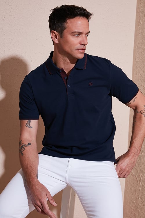 % 100 Pamuk Düğmeli Regular Fit Erkek Polo Yaka T Shirt 5902118 LACİVERT-BORDO