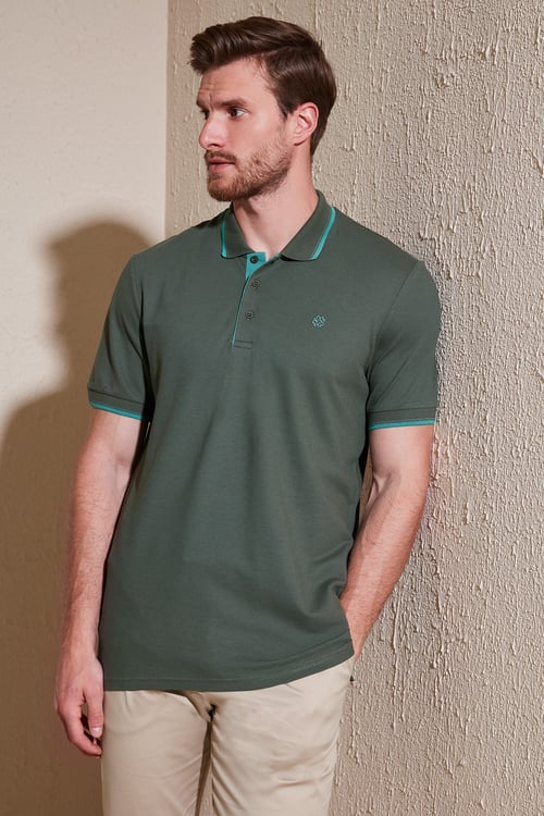 % 100 Pamuk Düğmeli Regular Fit Erkek Polo Yaka T Shirt 5902118 Haki-Mint