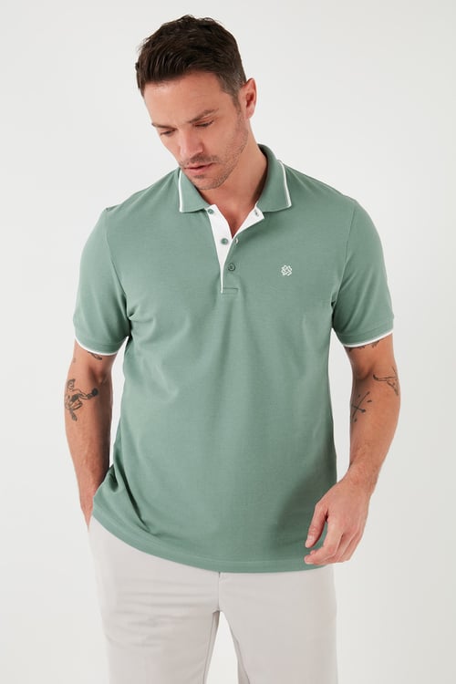 % 100 Pamuk Düğmeli Regular Fit Erkek Polo Yaka T Shirt 5902118 Elma Yeşili-Beyaz