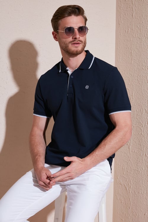 % 100 Pamuk Düğmeli Regular Fit Erkek Polo Yaka T Shirt 5902118 LACİVERT