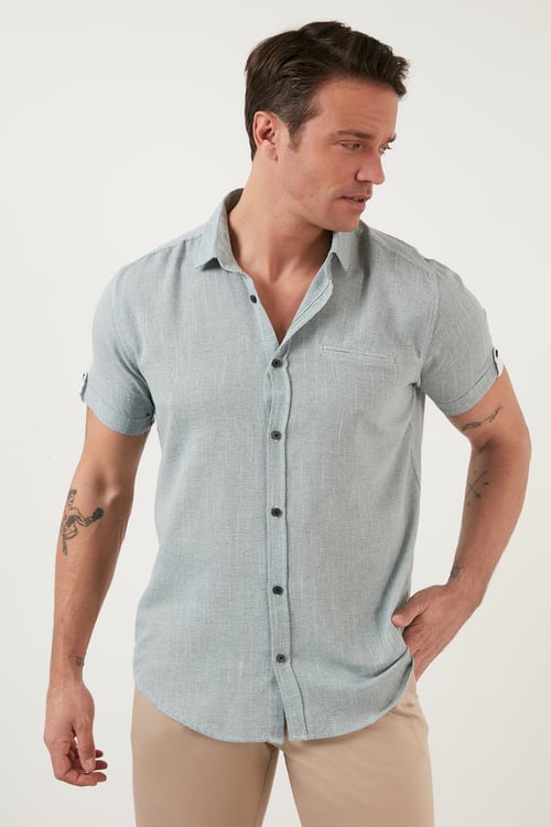 % 100 Pamuk Keten Görünümlü Slim Fit Kısa Kollu Erkek Gömlek CF21S111766 HAKİ