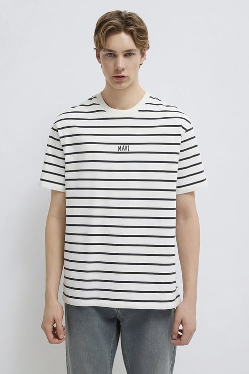 % 100 Pamuk Logolu Çizgili Bisiklet Yaka Erkek T Shirt 0612420-86678 SİYAH-BEYAZ