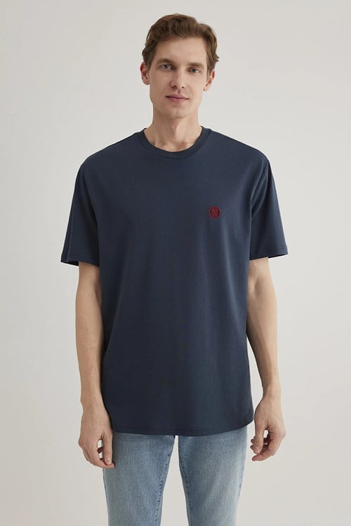 % 100 Pamuk Loose Fit Bisiklet Yaka Erkek T Shirt 067074-33207 LACİVERT