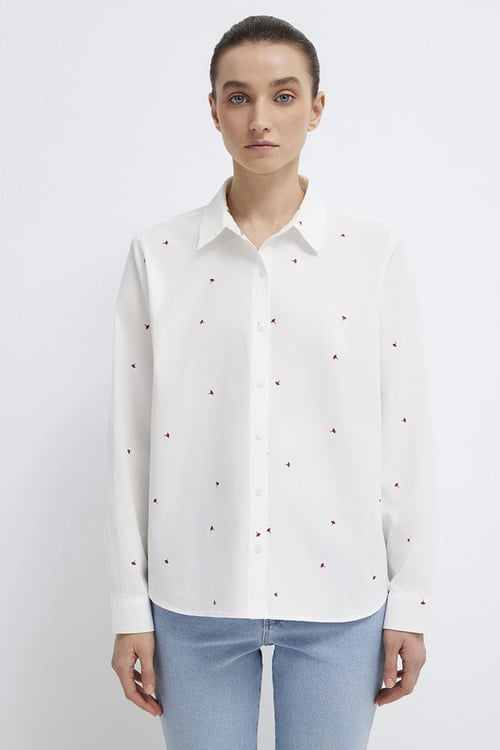 % 100 Pamuk Loose Fit Çiçek Baskılı Uzun Kollu Kadın Gömlek 1210610-91381 KREM