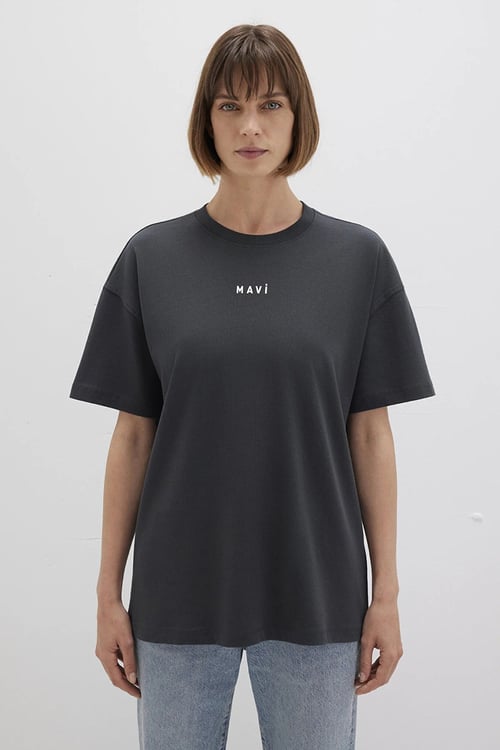 % 100 Pamuk Loose Fit Logo Baskılı Bisiklet Yaka Kadın T Shirt 1612518-70087 KÖMÜR