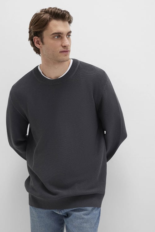 % 100 Pamuk Regular Fit Bisiklet Yaka Erkek Kazak 0710197-80106 ANTRASİT