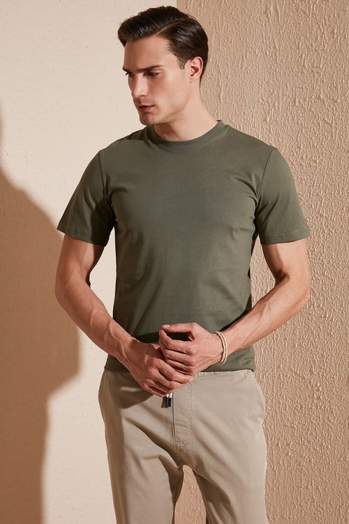 % 100 Pamuk Regular Fit Bisiklet Yaka T shirt Erkek T Shirt 5902511 HAKİ