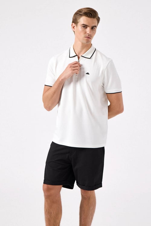 % 100 Pamuk Şerit Detaylı Yarım Fermuarlı Erkek Polo Yaka T Shirt 6SM5006-OF BEYAZ