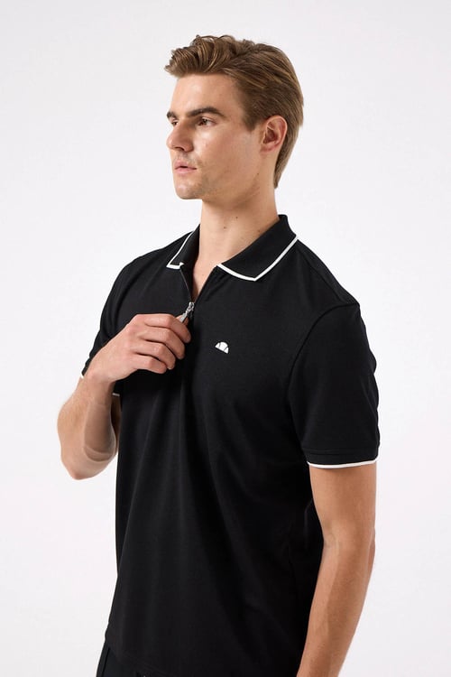 % 100 Pamuk Şerit Detaylı Yarım Fermuarlı Erkek Polo Yaka T Shirt 6SM5006-BK SİYAH