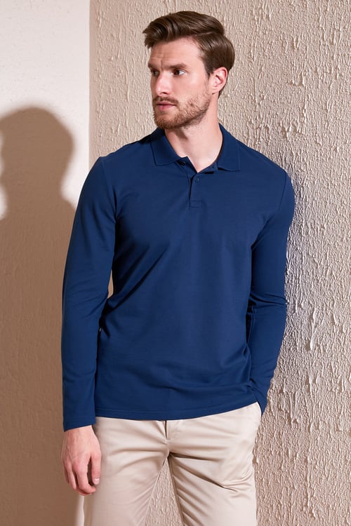 % 100 Pamuk Slim Fit Polo Yaka Erkek Sweat 5905707 İNDİGO