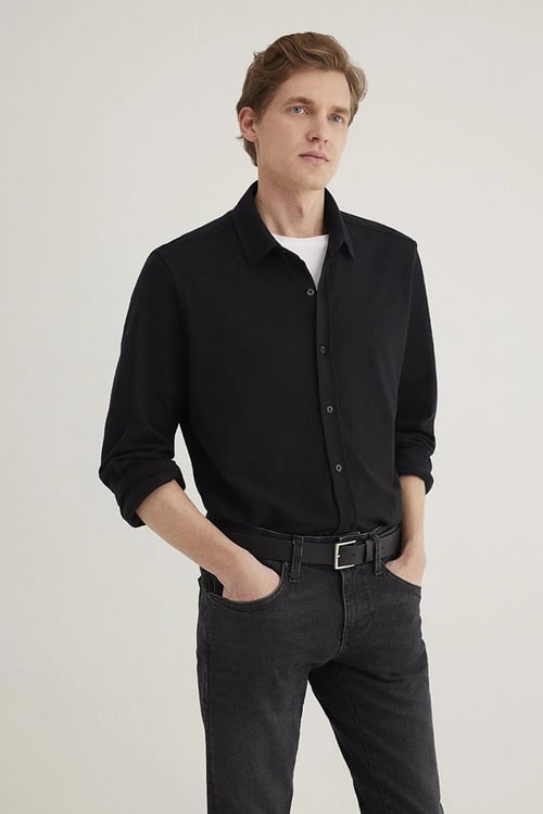 % 100 Pamuk Slim Fit Uzun Kollu Erkek Gömlek 0211583-900 SİYAH