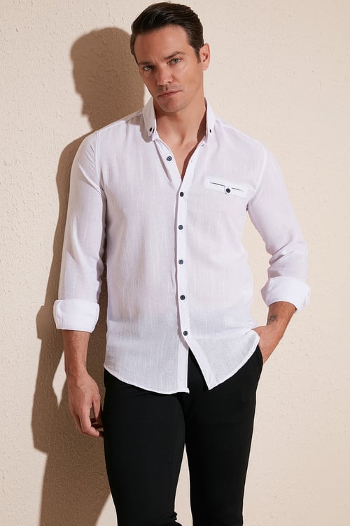 % 100 Pamuklu Slim Fit Uzun Kollu Erkek Gömlek CF21S111498 BEYAZ