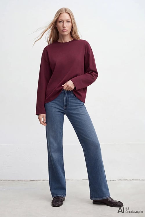 %100 Pamuk Regular Fit Bisiklet Yaka Kadın Sweat 1620070-70422 BORDO