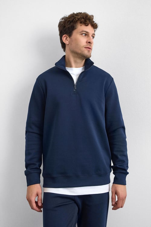 Back & Bond Pamuklu Regular Fit Yarım Fermuarlı Dik Yaka Erkek Sweat B35W12006 119 LACİVERT