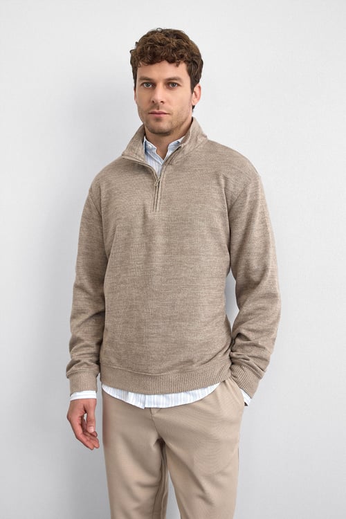 Back & Bond Regular Fit Yarım Fermuarlı Dik Yaka Erkek Sweat B35W12016 160 VİZON