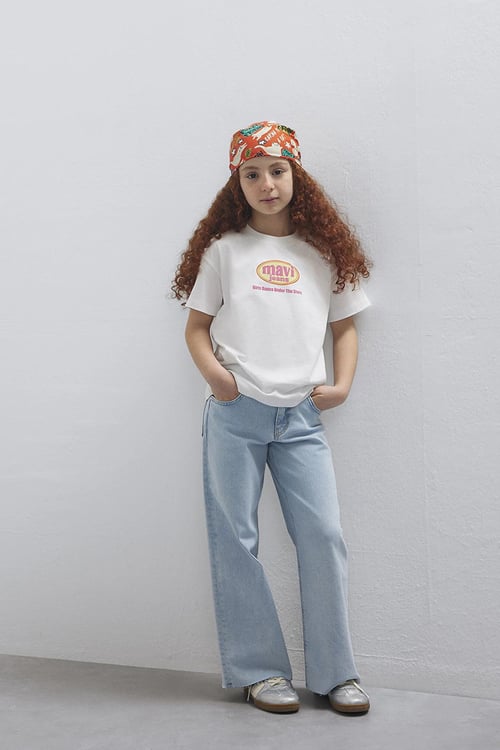 Baskılı % 100 Pamuk Bisiklet Yaka Kız Çocuk T Shirt 7610391-70057 EKRU