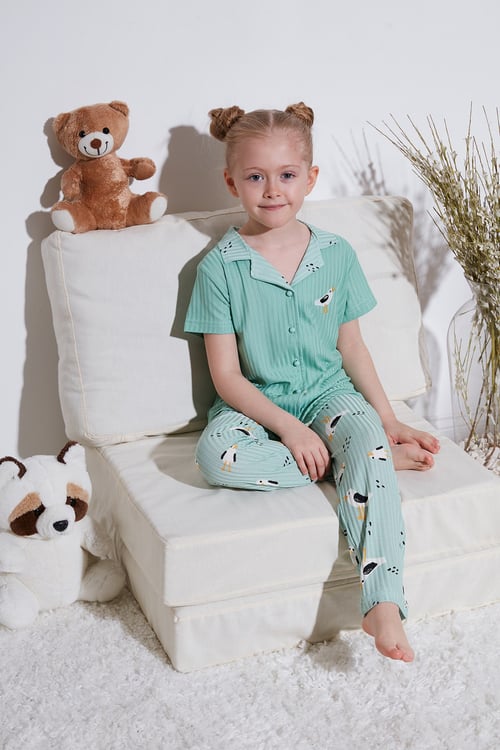 Baskılı Beli Lastikli Gömlek Yaka Kısa Kollu Kız Çocuk Pijama Takımı 6576001 MİNT