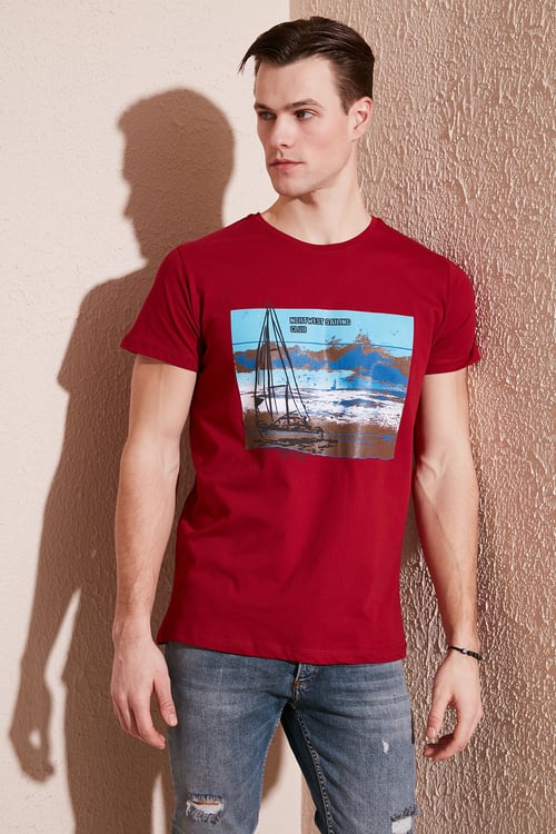 Baskılı Bisiklet Yaka % 100 Pamuklu Slim Fit Erkek T Shirt 541YELKEN24 KIRMIZI