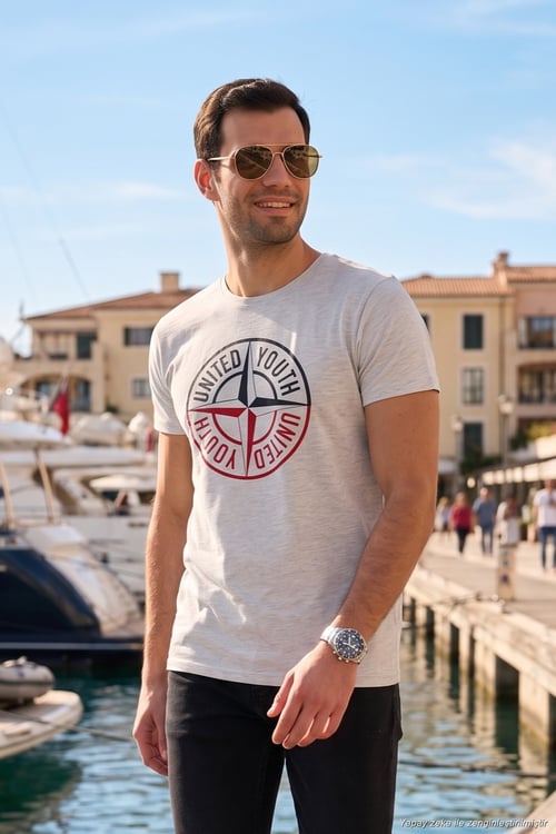 Baskılı Bisiklet Yaka Pamuklu Slim Fit Erkek T Shirt 541PUSULA AÇIK MELANJ