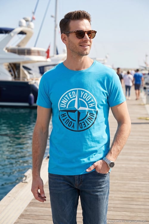 Baskılı Bisiklet Yaka Pamuklu Slim Fit Erkek T Shirt 541PUSULA AÇIK MAVİ