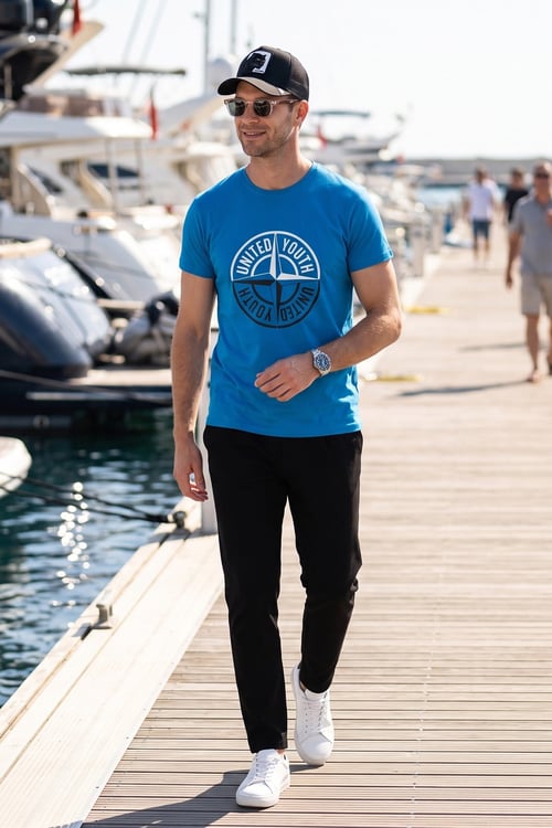 Baskılı Bisiklet Yaka Pamuklu Slim Fit Erkek T Shirt 541PUSULA MAVİ
