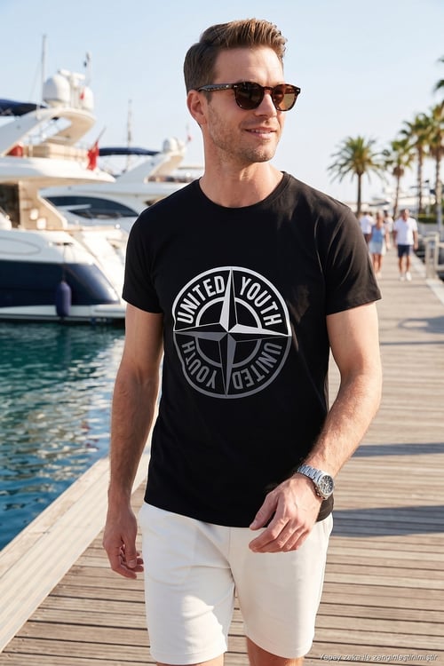 Baskılı Bisiklet Yaka Pamuklu Slim Fit Erkek T Shirt 541PUSULA SİYAH